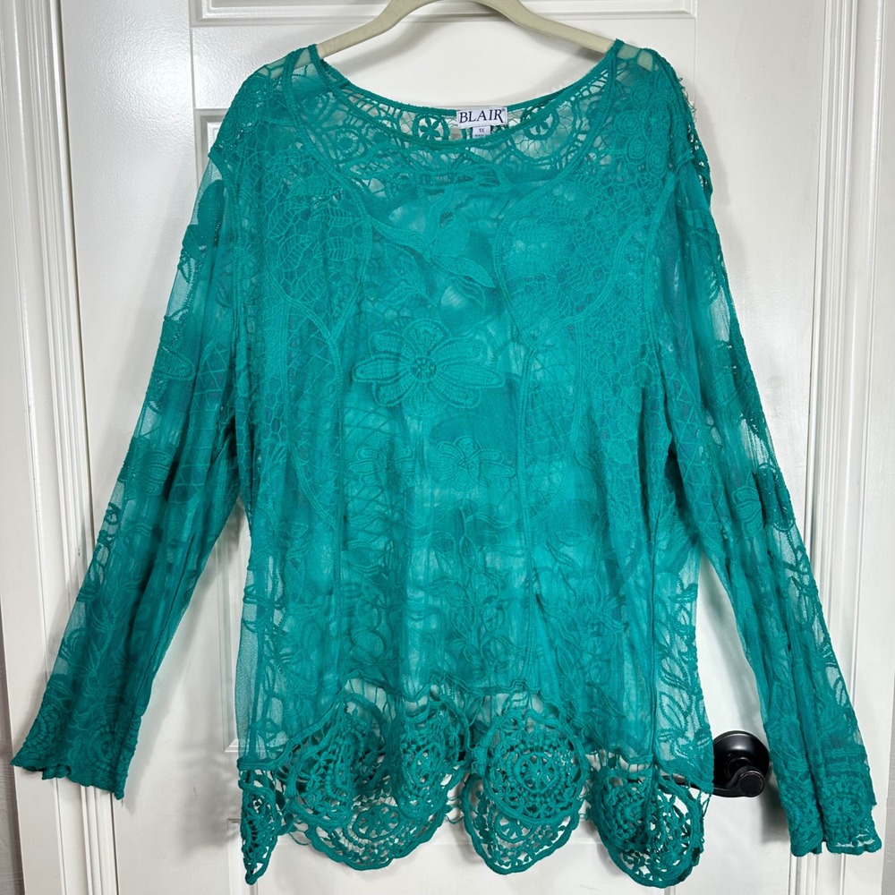 Blair Womens Teal Lace Overlay Long Sleeve Top Plus Size 1X
